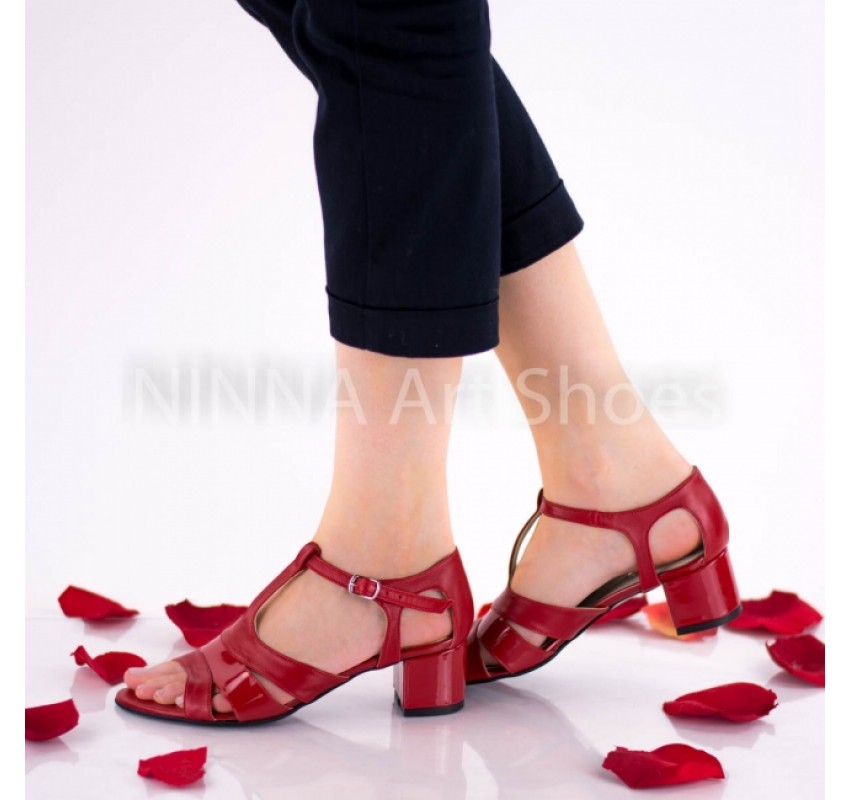Sandale dama rosii din piele naturala cu suvite lac - NAA55RPL