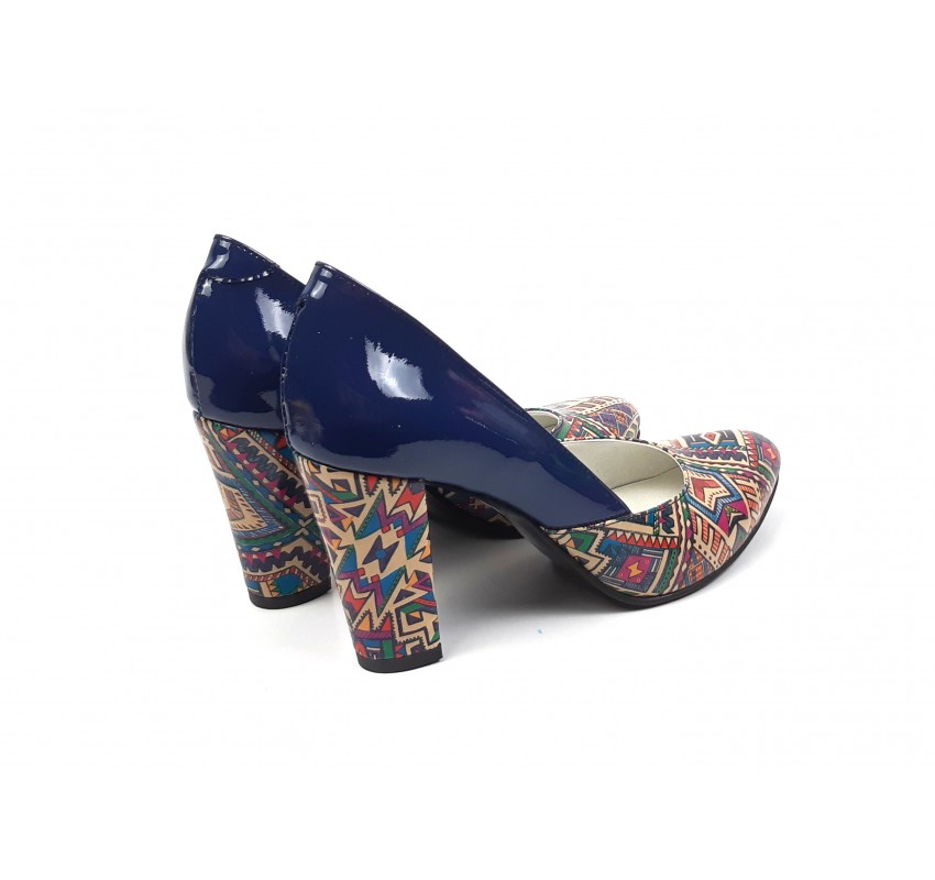 Pantofi dama eleganti din piele naturala bleumarin lac cu imprimeu, toc 9cm Pantofi dama eleganti din piele naturala bleumarin lac cu imprimeu, toc 9cm