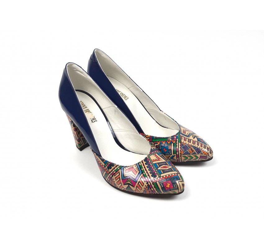 Pantofi dama eleganti din piele naturala bleumarin lac cu imprimeu, toc 9cm Pantofi dama eleganti din piele naturala bleumarin lac cu imprimeu, toc 9cm