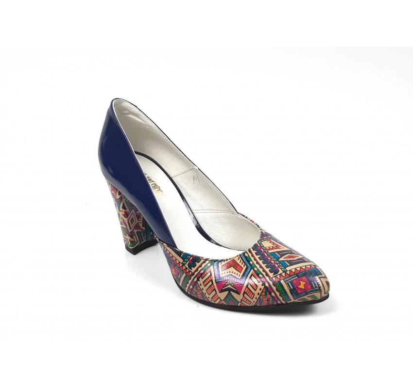 Pantofi dama eleganti din piele naturala bleumarin lac cu imprimeu, toc 9cm Pantofi dama eleganti din piele naturala bleumarin lac cu imprimeu, toc 9cm