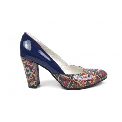 Pantofi dama eleganti din piele naturala bleumarin lac cu imprimeu, toc 9cm