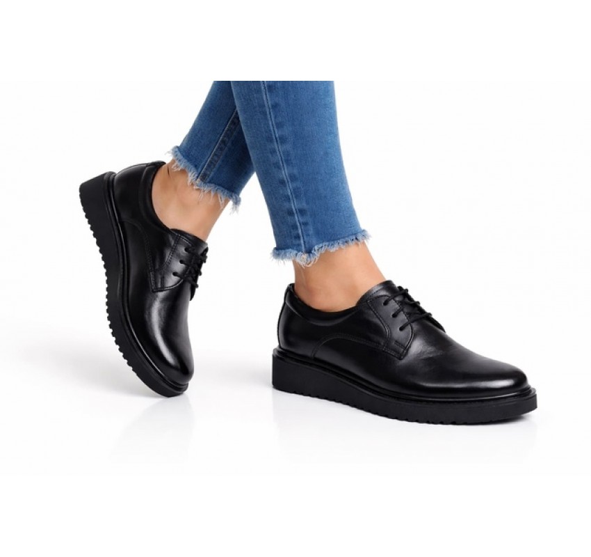 Pantofi dama din piele naturala negri – casual, talpa confort, design modern urban P102N2