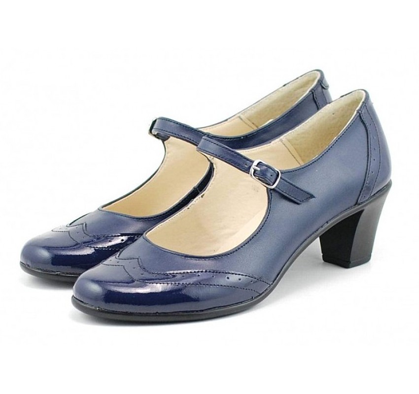 Pantofi dama eleganti din piele naturala cu toc mic -  Model bleumarin P104BLU