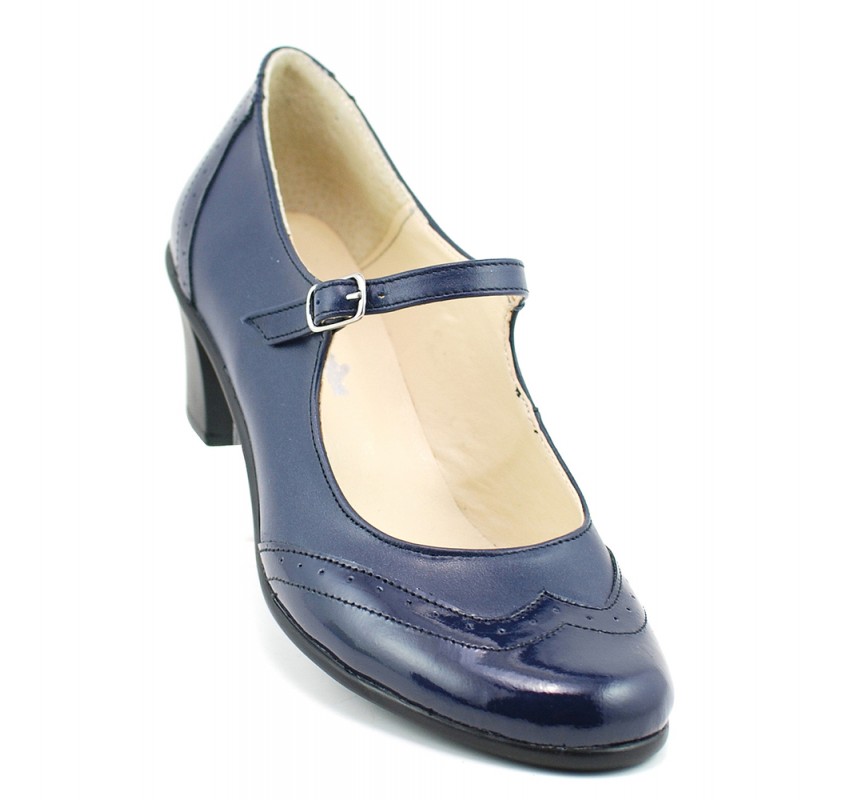 Pantofi dama eleganti din piele naturala cu toc mic -  Model bleumarin P104BLU