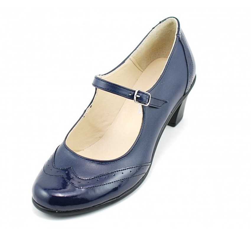 Pantofi dama eleganti din piele naturala cu toc mic -  Model bleumarin P104BLU