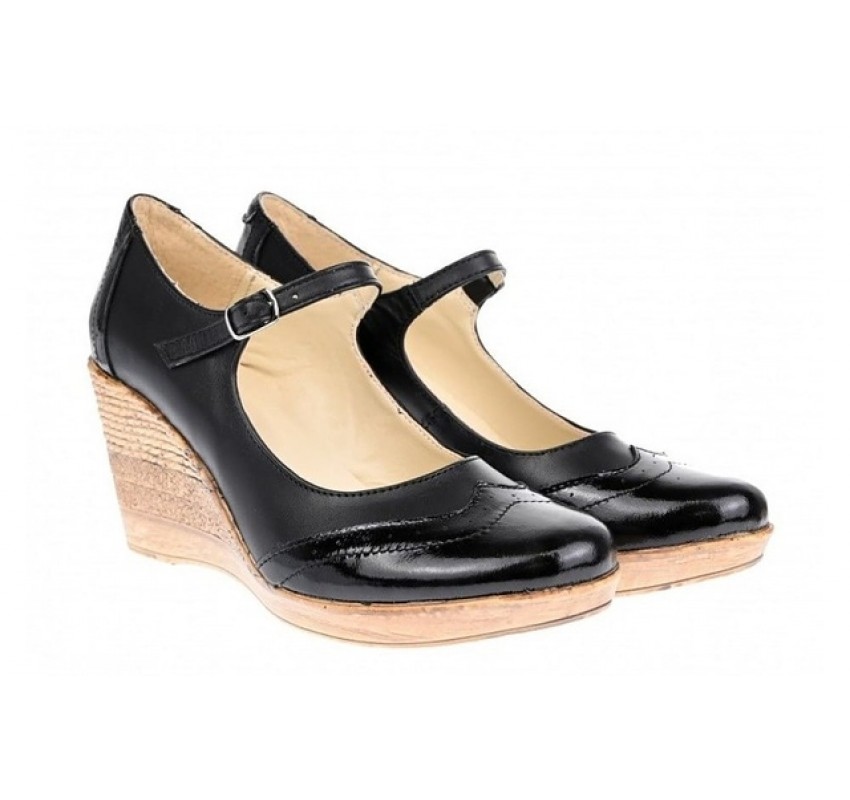 Pantofi dama din piele naturala, cu platforma tip wedge si bareta – eleganti si confortabili, negri