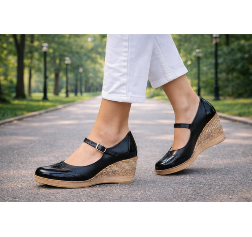 Pantofi dama din piele naturala, cu platforma tip wedge si bareta – eleganti si confortabili, negri