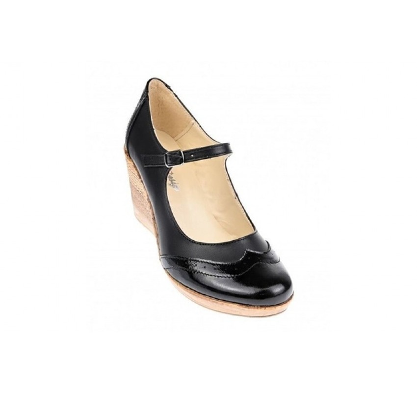 Pantofi dama din piele naturala, cu platforma tip wedge si bareta – eleganti si confortabili, negri