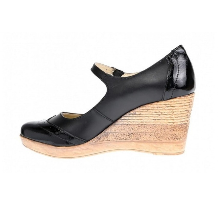 Pantofi dama din piele naturala, cu platforma tip wedge si bareta – eleganti si confortabili, negri