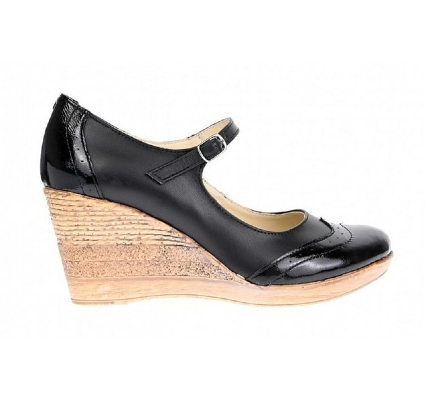 Pantofi dama din piele naturala, cu platforma tip wedge si bareta – eleganti si confortabili, negri