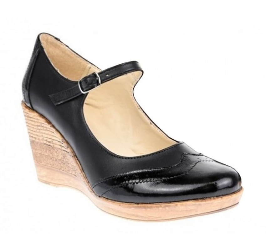 Pantofi dama din piele naturala, cu platforma tip wedge si bareta – eleganti si confortabili, negri