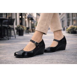 Marimea 40 Pantofi dama negri din piele naturala, tip Mary Jane P13NN