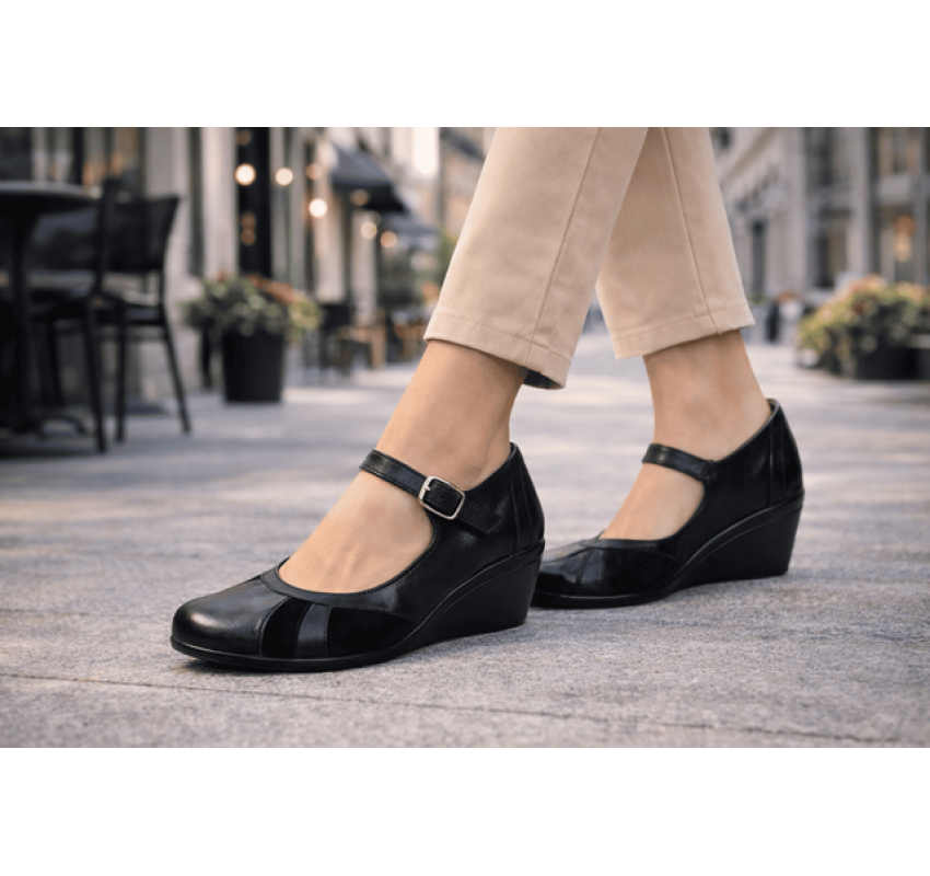 Marimea 40 Pantofi dama negri din piele naturala, tip Mary Jane P13NN