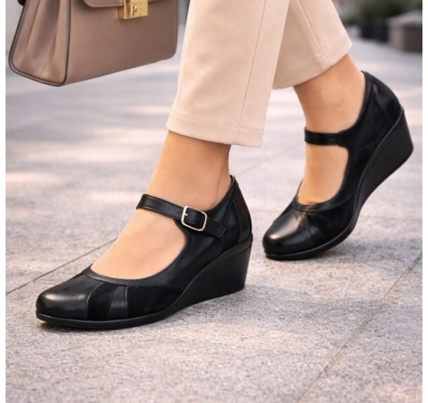 Marimea 40 Pantofi dama negri din piele naturala, tip Mary Jane P13NN