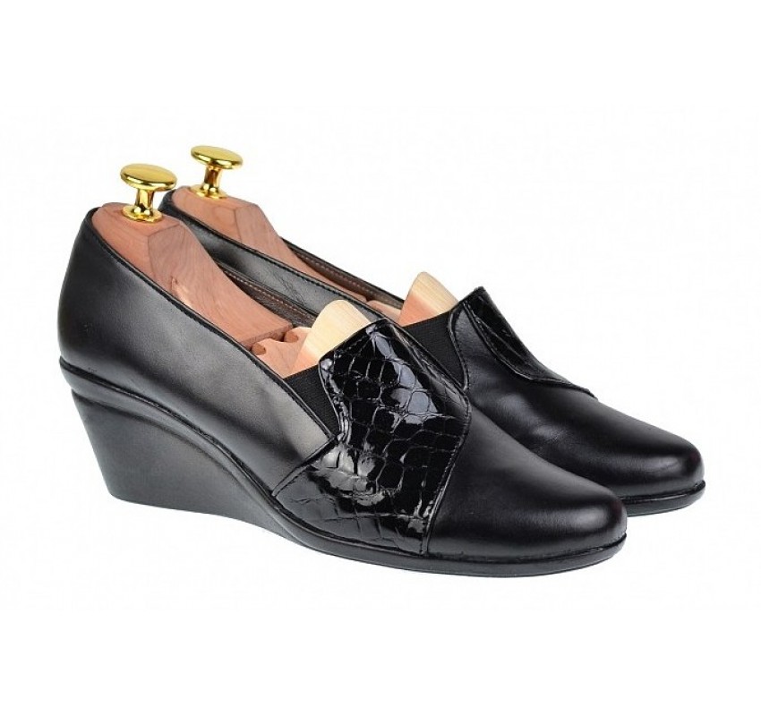 Pantofi dama din piele naturala box si croco lac cu platforme