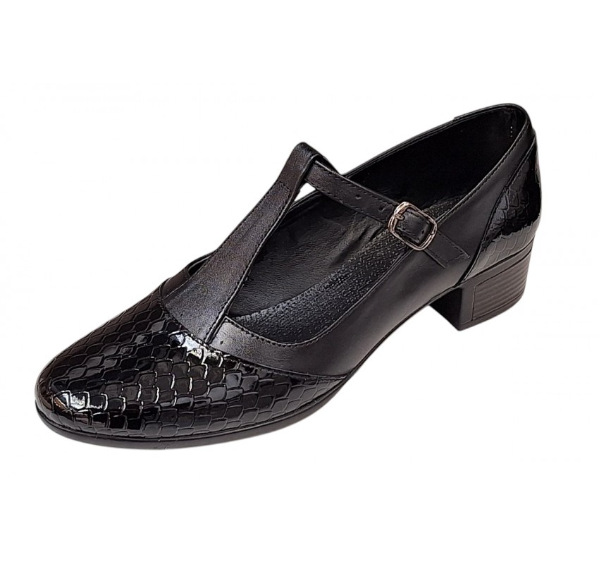 Pantofi dama cu bareta pentru dans Negru din piele naturala Croco P18CTCRN