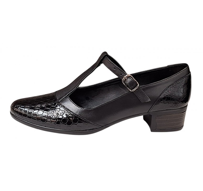 Pantofi dama cu bareta pentru dans Negru din piele naturala Croco P18CTCRN