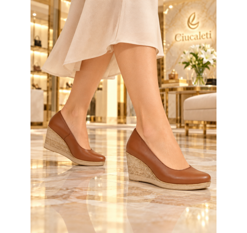 Pantofi damă coniac din piele naturală cu platformă de 7 cm P3550CON