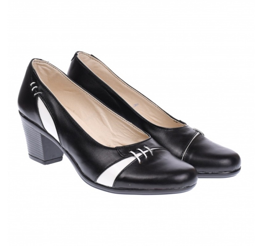 Pantofi dama eleganti, piele naturala, Negru - Alb P36NA