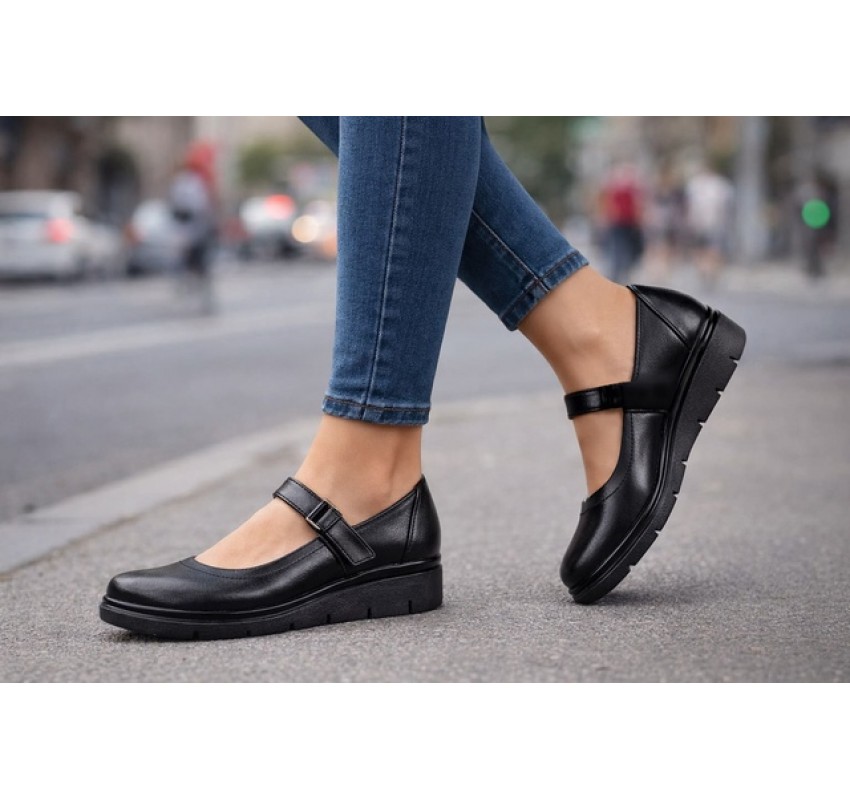 Marimea 36, 38 Pantofi dama din piele naturala cu talpa orto, negri inchidere velcro - P38N