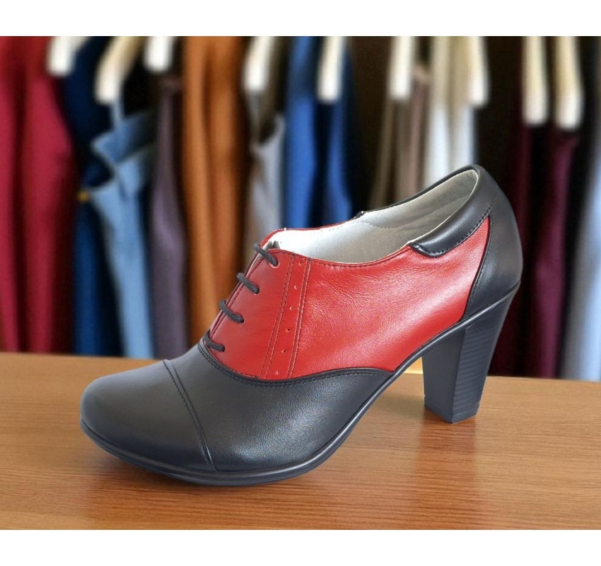 Pantofi dama din piele naturala cu toc de 7cm Negru - Rosu P46NR