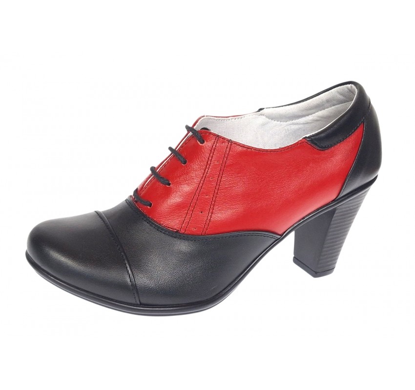 Pantofi dama din piele naturala cu toc de 7cm Negru - Rosu P46NR