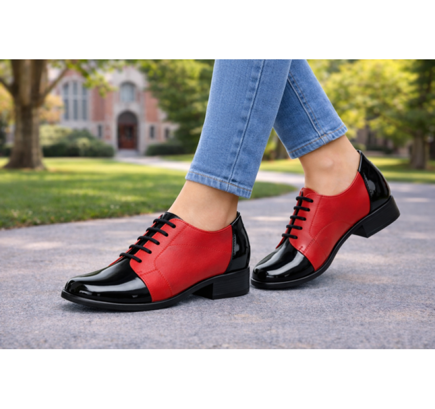  Pantofi dama rosii din piele naturala cu negru lac – stil casual modern P53RNL
