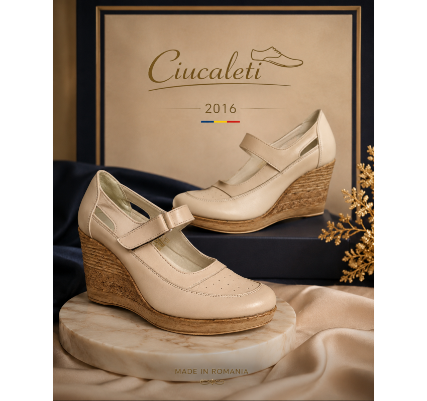 Marimea 37 Pantofi dama cu platforma din piele naturala maro box P9154BEJ