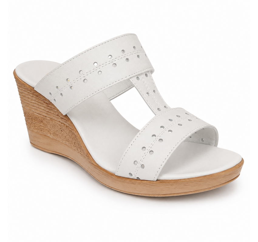 Papuci dama albi din piele naturala, cu platforma wedge perforata, comozi, usori deosebiti PAP46A