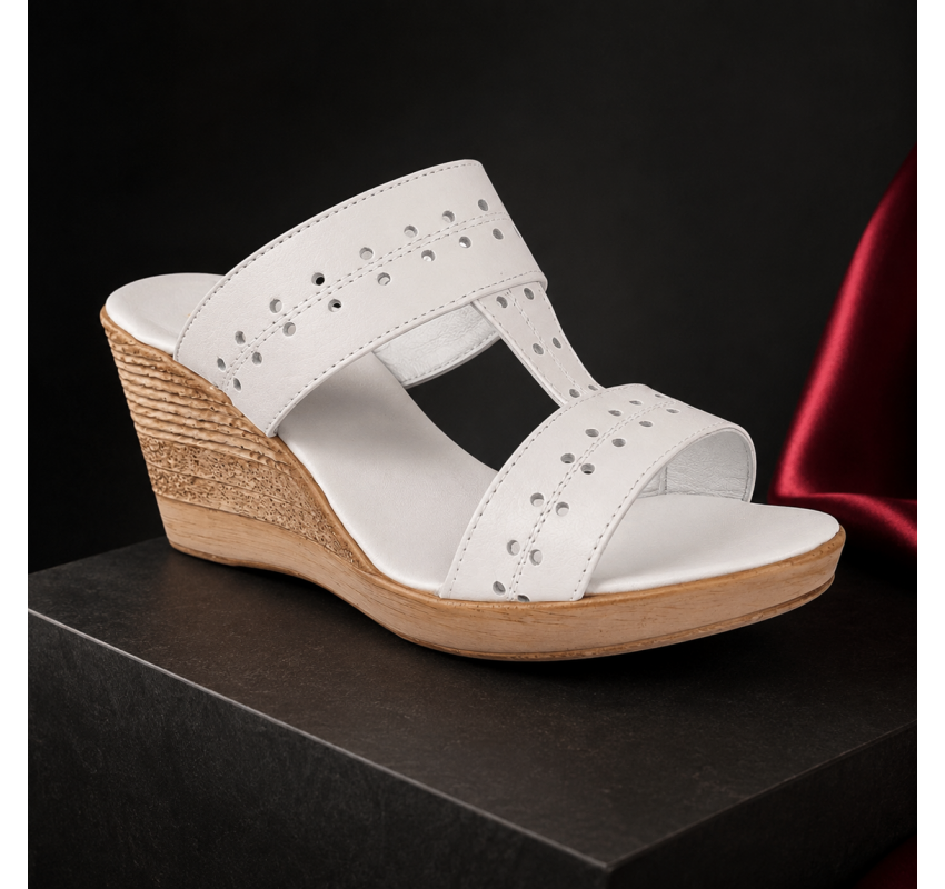 Papuci dama albi din piele naturala, cu platforma wedge perforata, comozi, usori deosebiti PAP46A