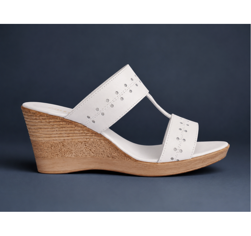 Papuci dama albi din piele naturala, cu platforma wedge perforata, comozi, usori deosebiti PAP46A