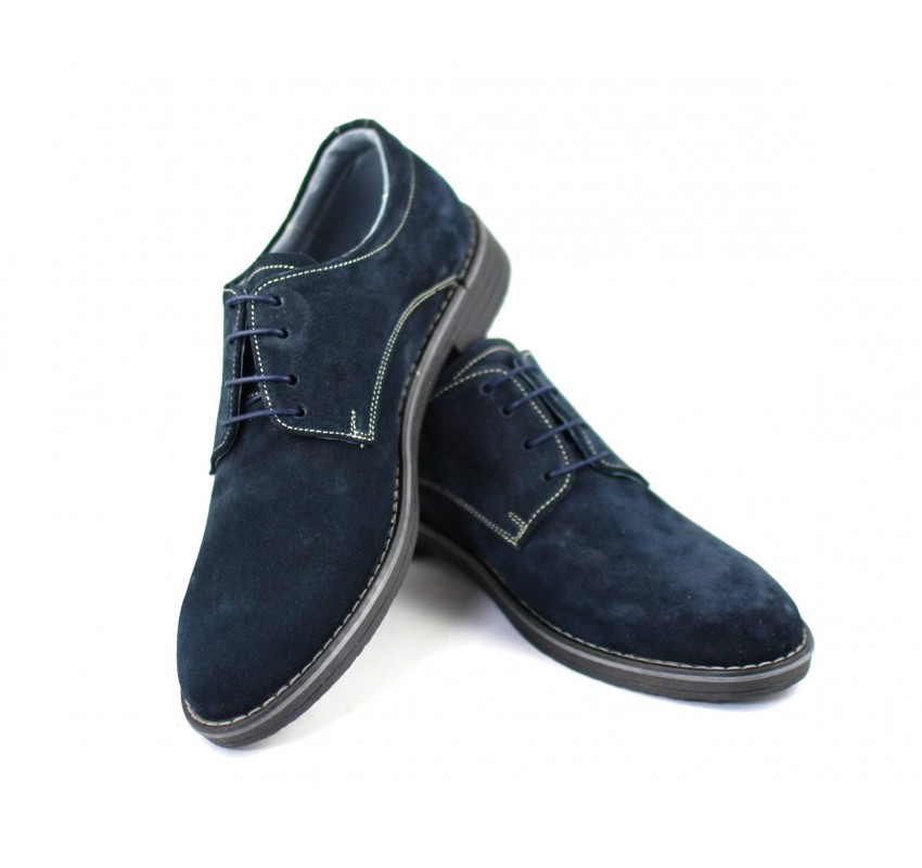 Pantofi barbati casual, eleganti din piele naturala intoarsa bleumarin - PAVELBLM
