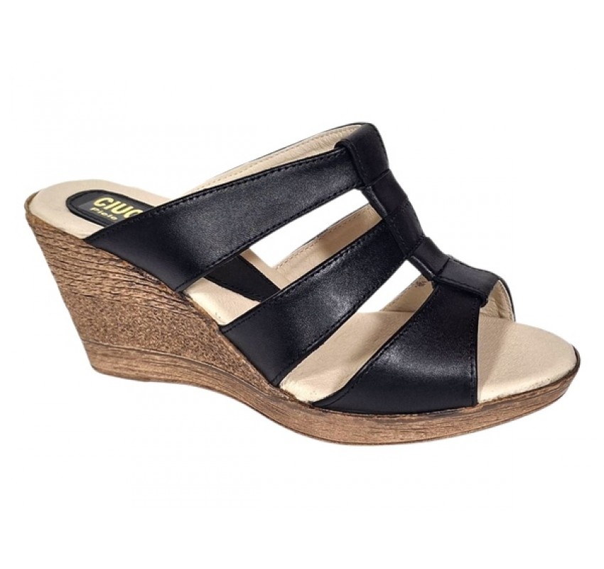 Papuci dama negri din piele naturala cu platforme de 7cm - RO214N