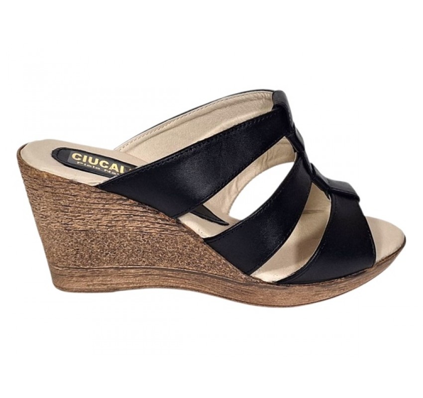 Papuci dama negri din piele naturala cu platforme de 7cm - RO214N