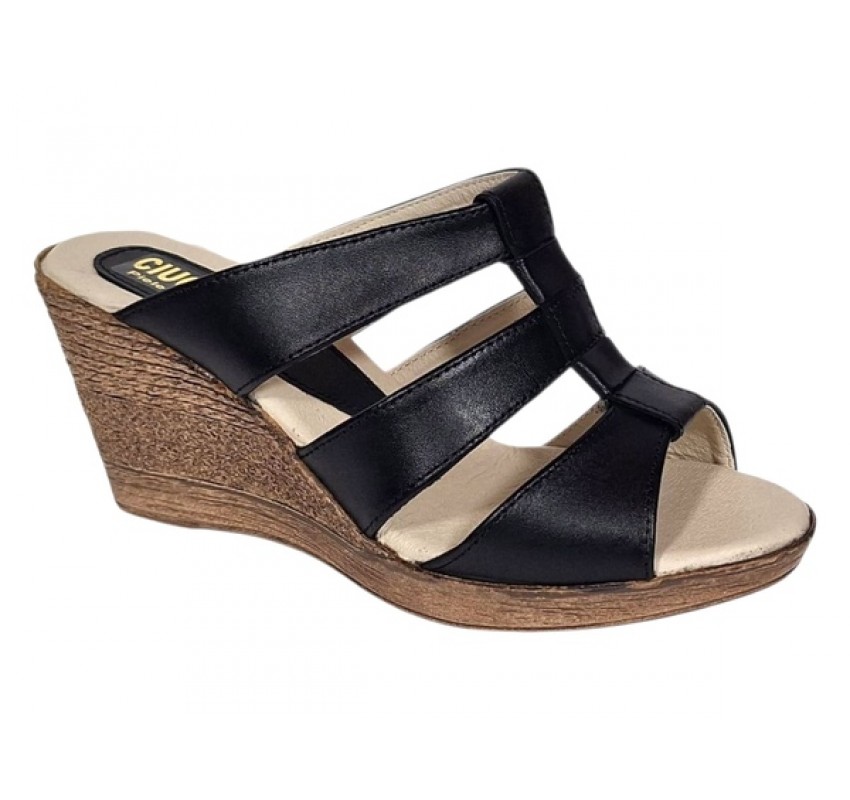 Papuci dama negri din piele naturala cu platforme de 7cm - RO214N