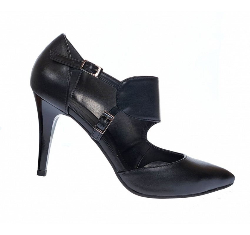 Pantofi stiletto, dama, negri, din piele naturala, toc 8cm, Roxanne, ROX70N