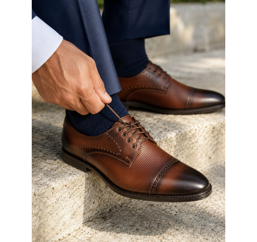 Pantofi barbati maro din piele naturala, eleganti si perforati – stil rafinat, confort Office RSY479M