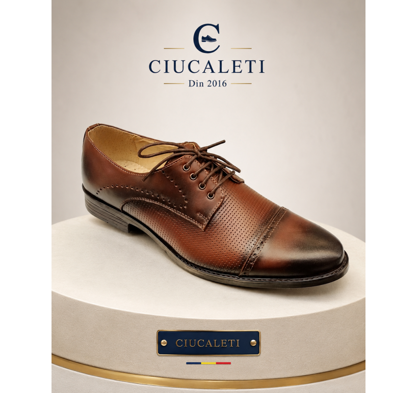 Pantofi barbati maro din piele naturala, eleganti si perforati – stil rafinat, confort Office RSY479M