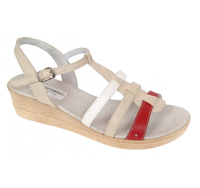 Sandale dama din piele naturala de 5 cm Bej Rosu Alb - S12RBA
