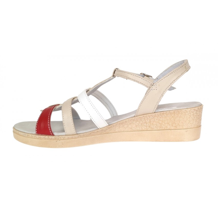 Sandale dama din piele naturala de 5 cm Bej Rosu Alb - S12RBA