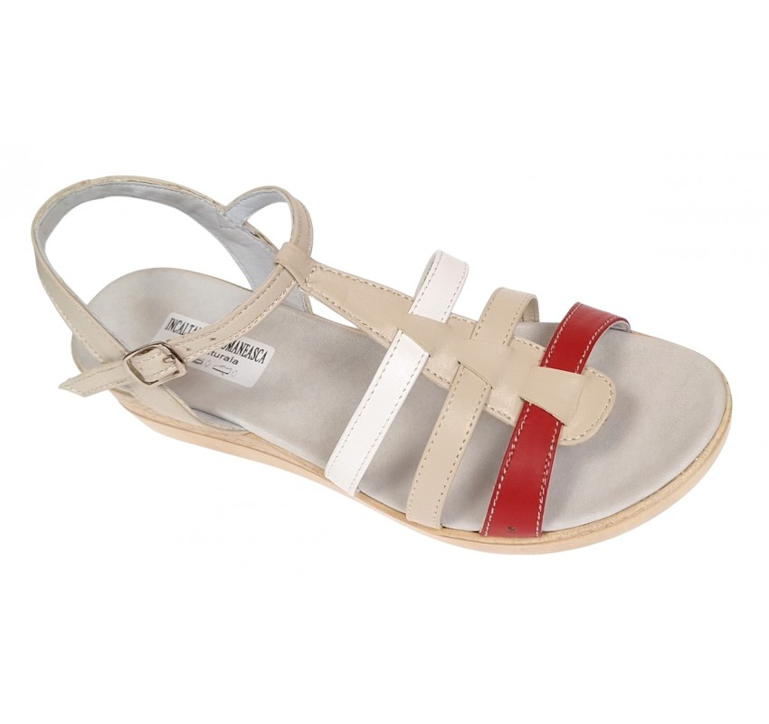 Sandale dama din piele naturala de 5 cm Bej Rosu Alb - S12RBA