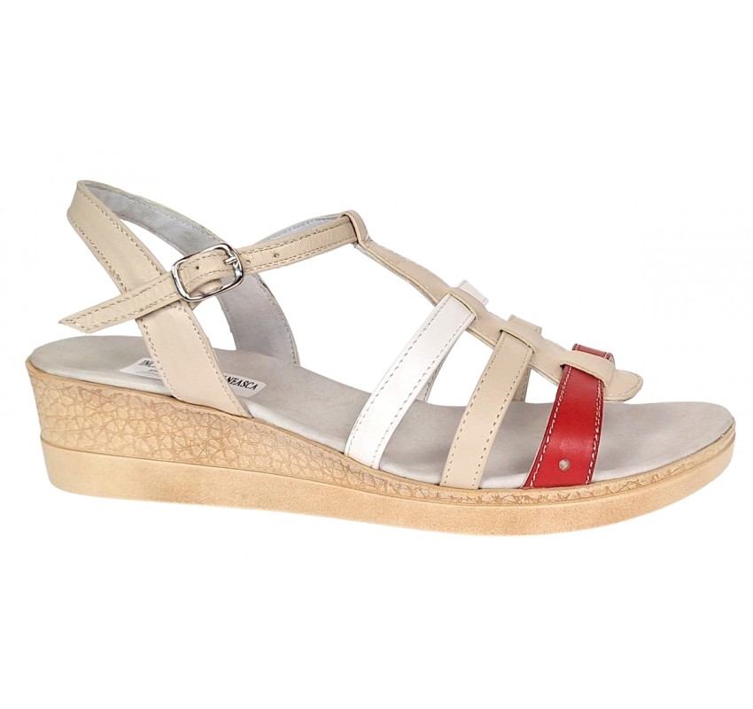 Sandale dama din piele naturala de 5 cm Bej Rosu Alb - S12RBA