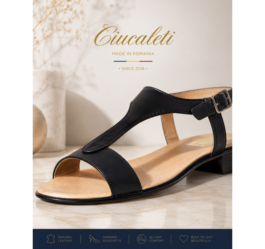 Sandale dama negre din piele naturala cu bareta T si toc mic S16NBOX2