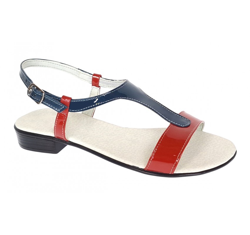 Sandale dama din piele naturala lac - Model rosu cu bleumarin S16RBLAC