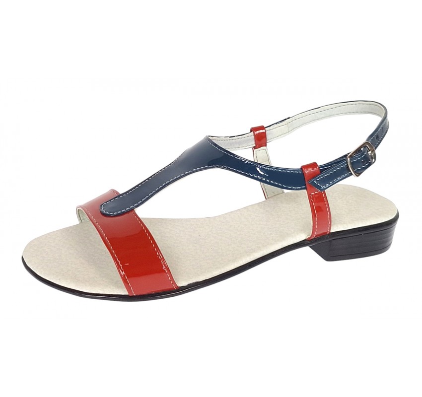 Sandale dama din piele naturala lac - Model rosu cu bleumarin S16RBLAC