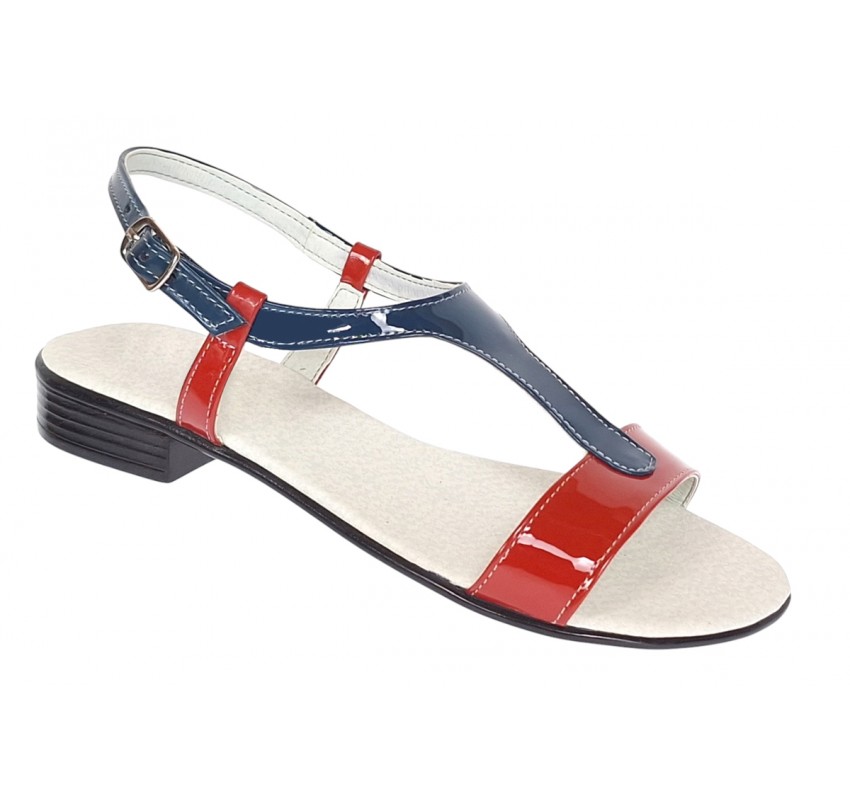 Sandale dama din piele naturala lac - Model rosu cu bleumarin S16RBLAC