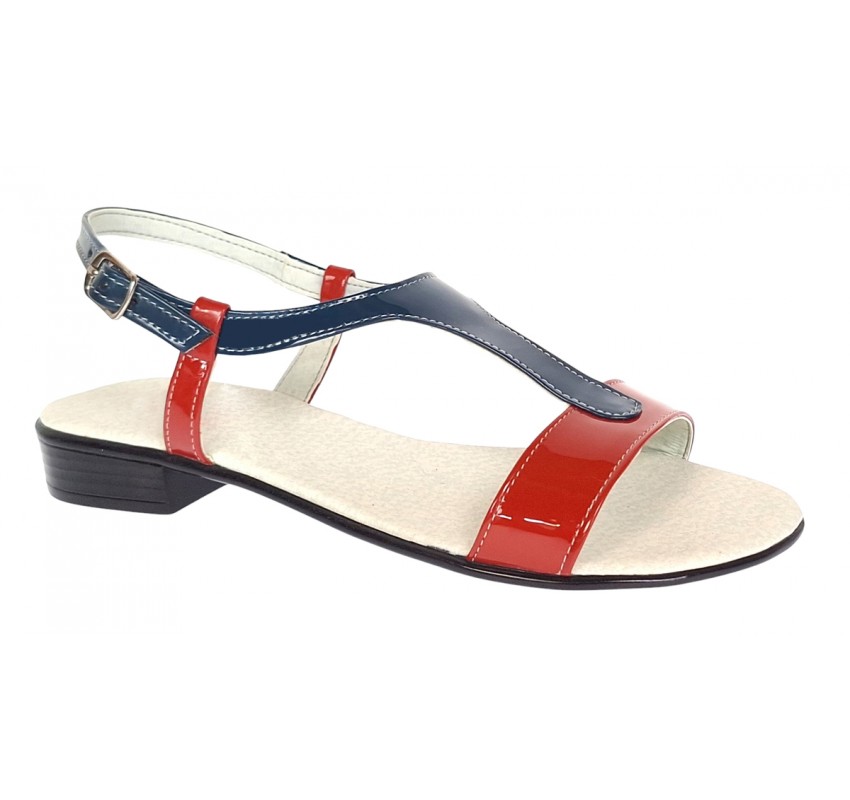 Sandale dama din piele naturala lac - Model rosu cu bleumarin S16RBLAC