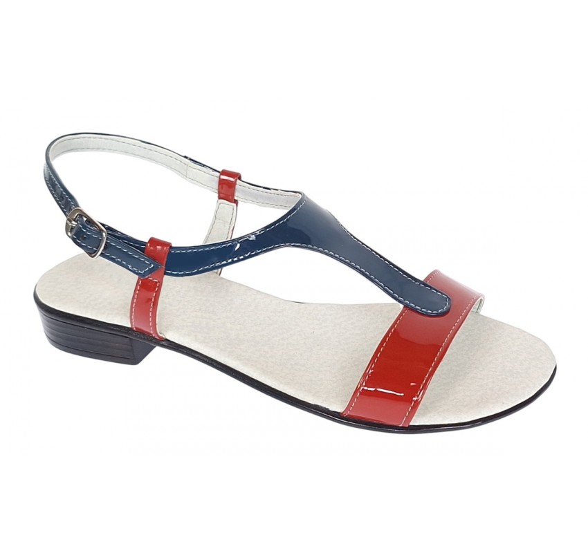 Sandale dama din piele naturala lac - Model rosu cu bleumarin S16RBLAC