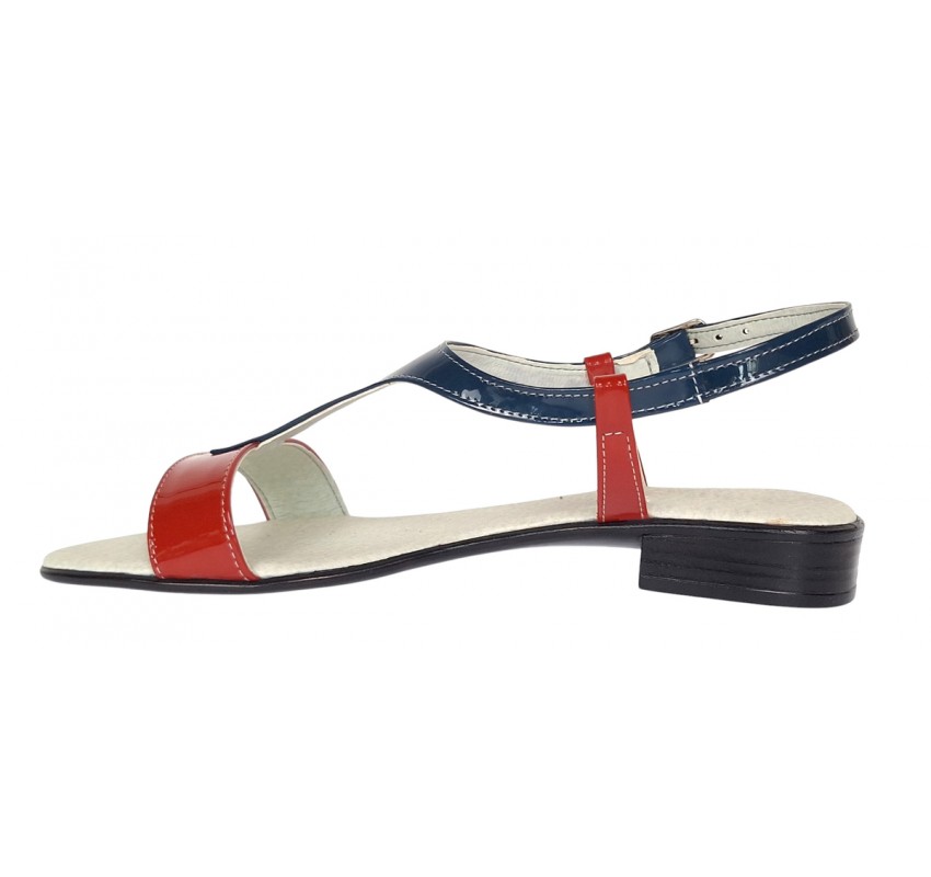 Sandale dama din piele naturala lac - Model rosu cu bleumarin S16RBLAC