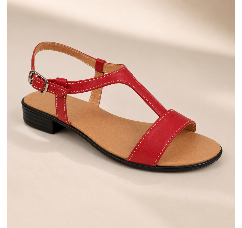 Sandale damă roșii din piele naturală, cu bareta în T și toc mic – feminine, comode S16RBOX